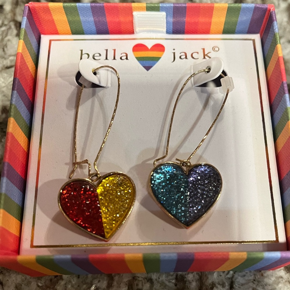 NIB Bella Jack Rainbow Pride Love is Love Heart Drop Earrings